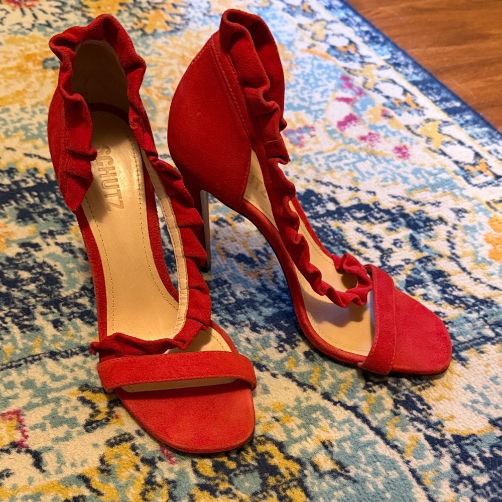 SCHUTZ Aimme Ruffle Suede Heel Sandals in Club Red, Size 8